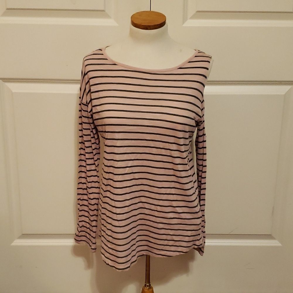 Vince Camuto Two Womens Pink Striped Long Sleeve Jewel Neck Top Size Medium NWOT